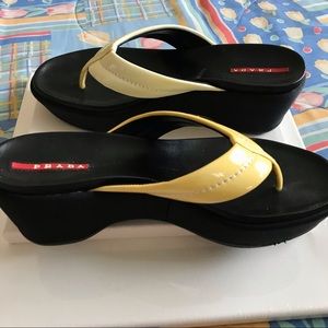 Prada Vintage Y2K Patent Leather Platform Sandals Black White